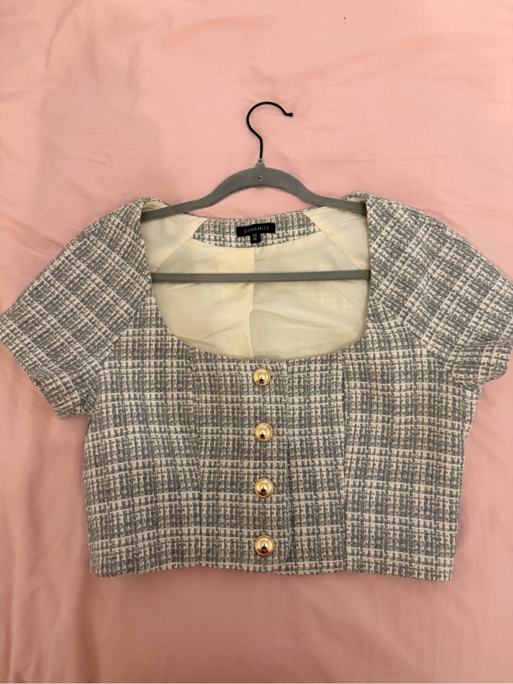 Dynamite Gray Tweed Crop Top with Gold Buttons - business or back to school